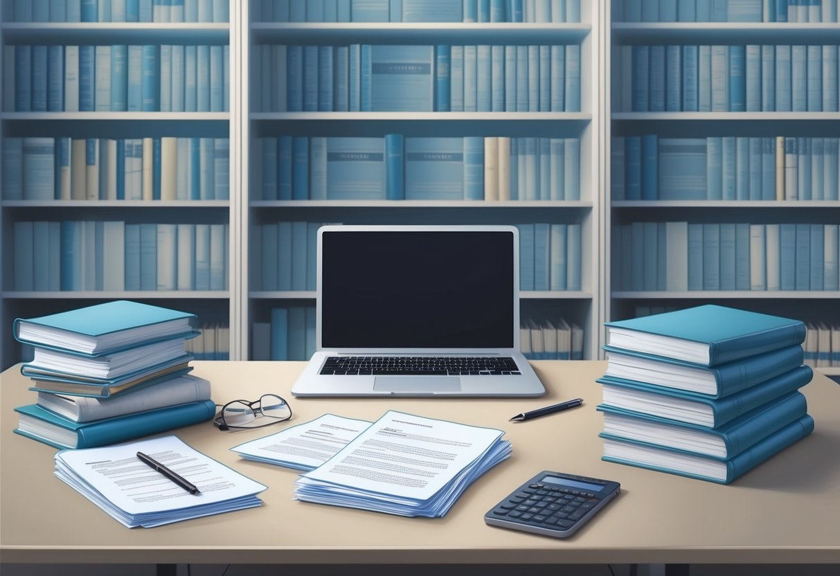 A serene and organized office desk with a stack of legal documents, a pen, and a laptop, surrounded by shelves of books on estate planning and financial management