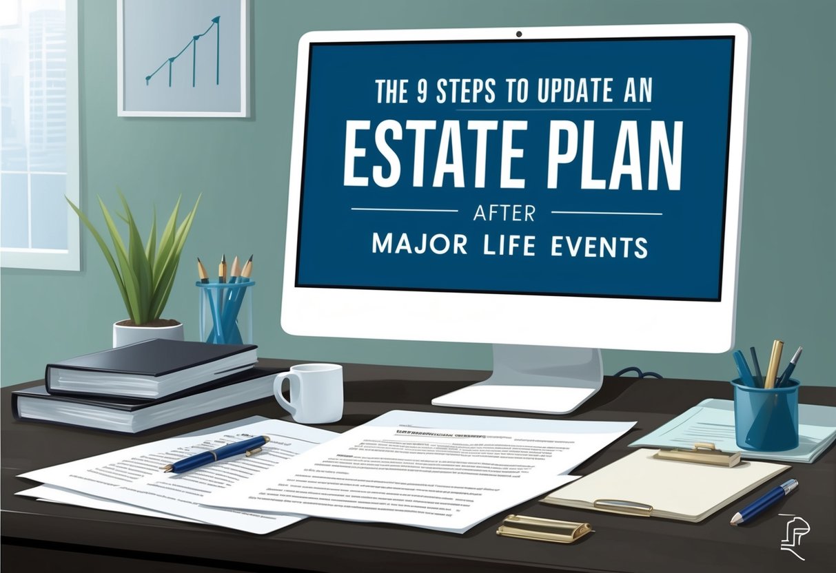 A desk with legal documents, a pen, and a computer displaying the 9 steps to update an estate plan after major life events
