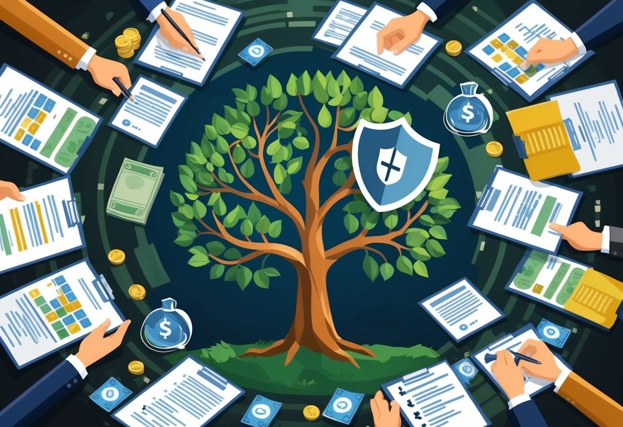 A family tree surrounded by legal documents and financial assets, with a shield symbolizing protection over the inheritance