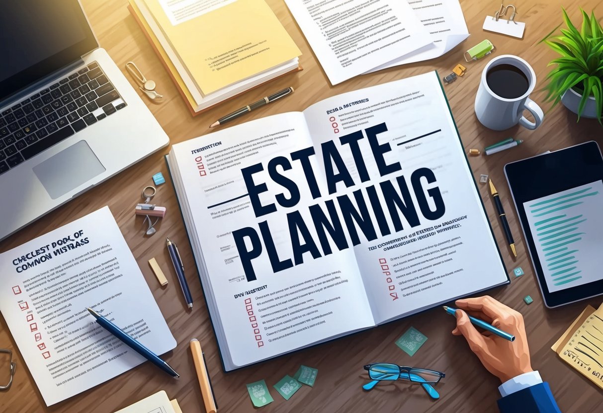 A cluttered desk with legal documents, a pen, and a laptop. An open book on estate planning. A checklist of common mistakes