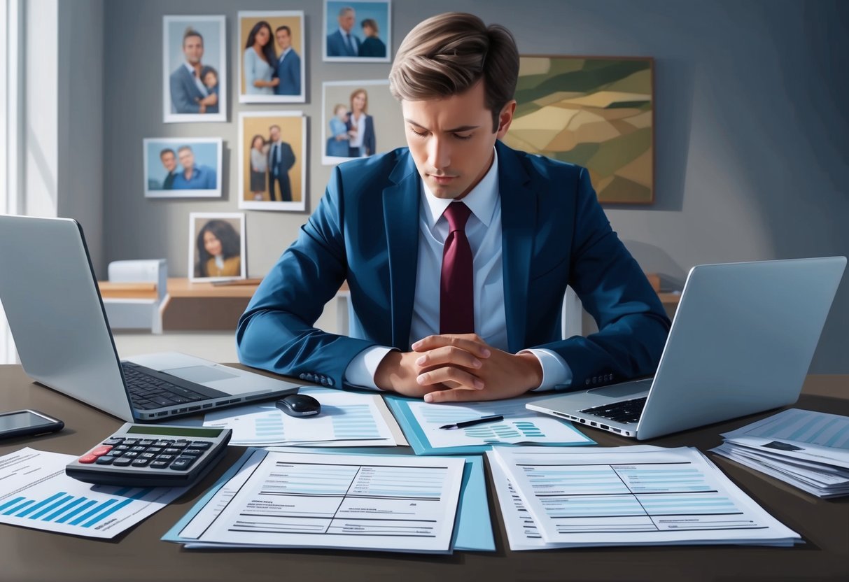 A desk with a laptop, legal documents, and a calculator. A person is deep in thought, surrounded by family photos and financial statements