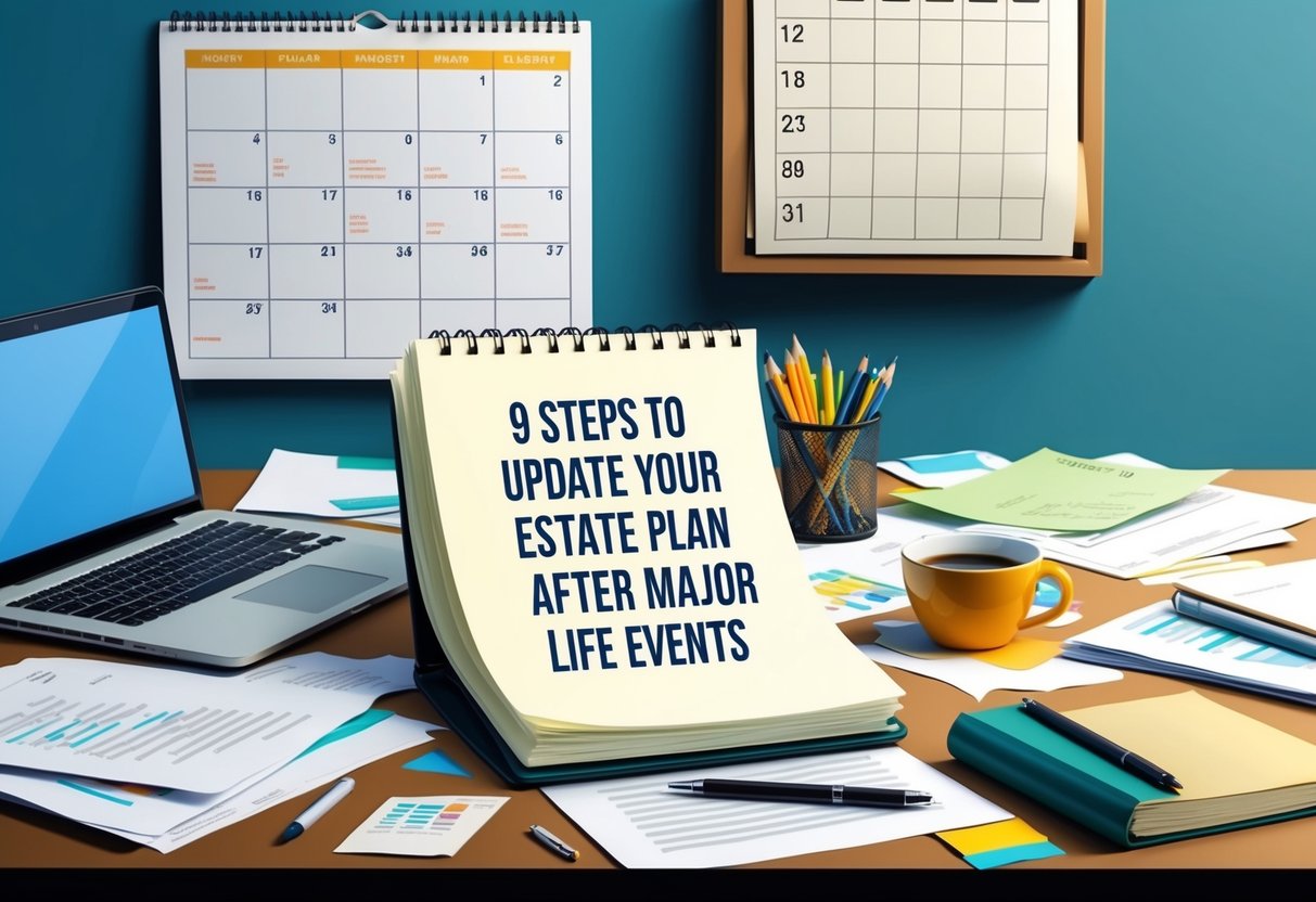 A cluttered desk with papers, a laptop, and a cup of coffee. A calendar on the wall shows important dates. An open notebook with the words "9 Steps to Update Your Estate Plan After Major Life Events" written on it