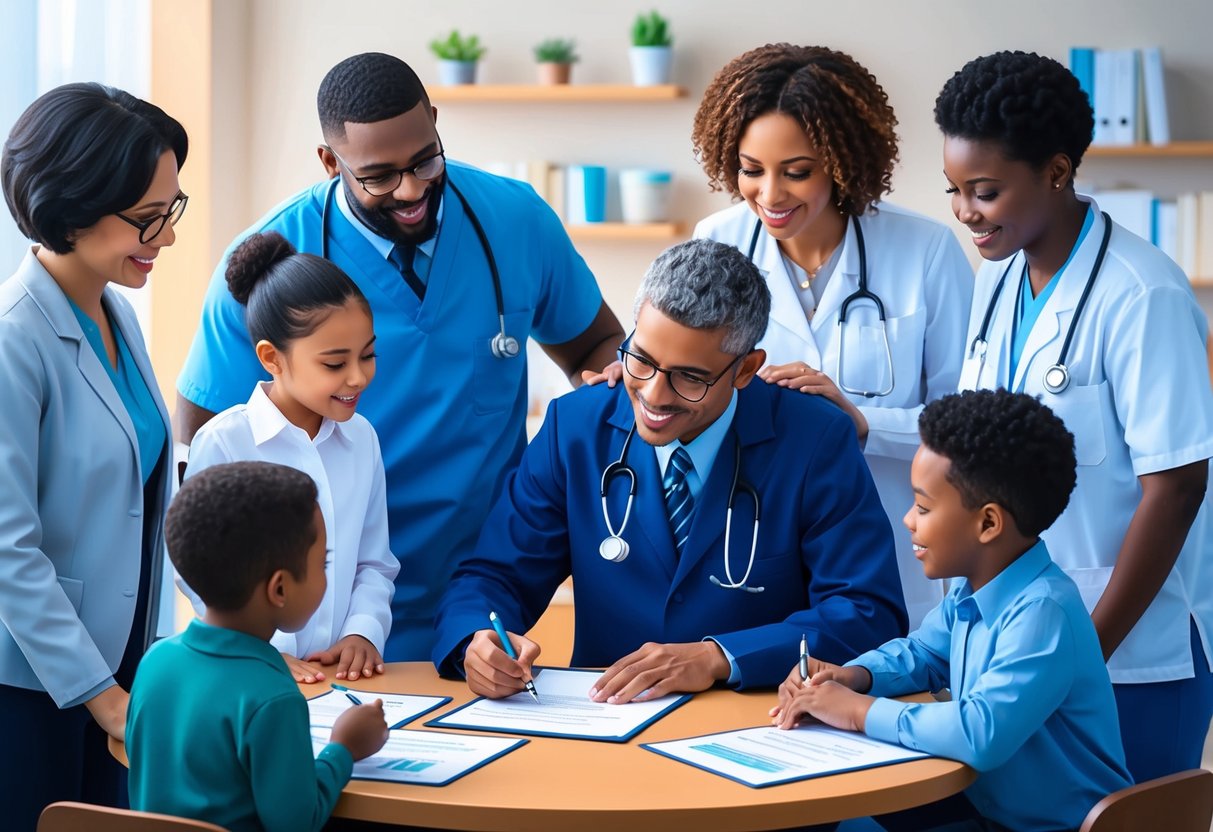 A person signing a document with a healthcare provider, surrounded by family members and legal professionals