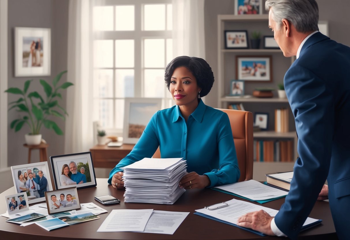 A person sitting at a desk with a stack of papers, talking to an estate attorney, while surrounded by family photos and legal documents