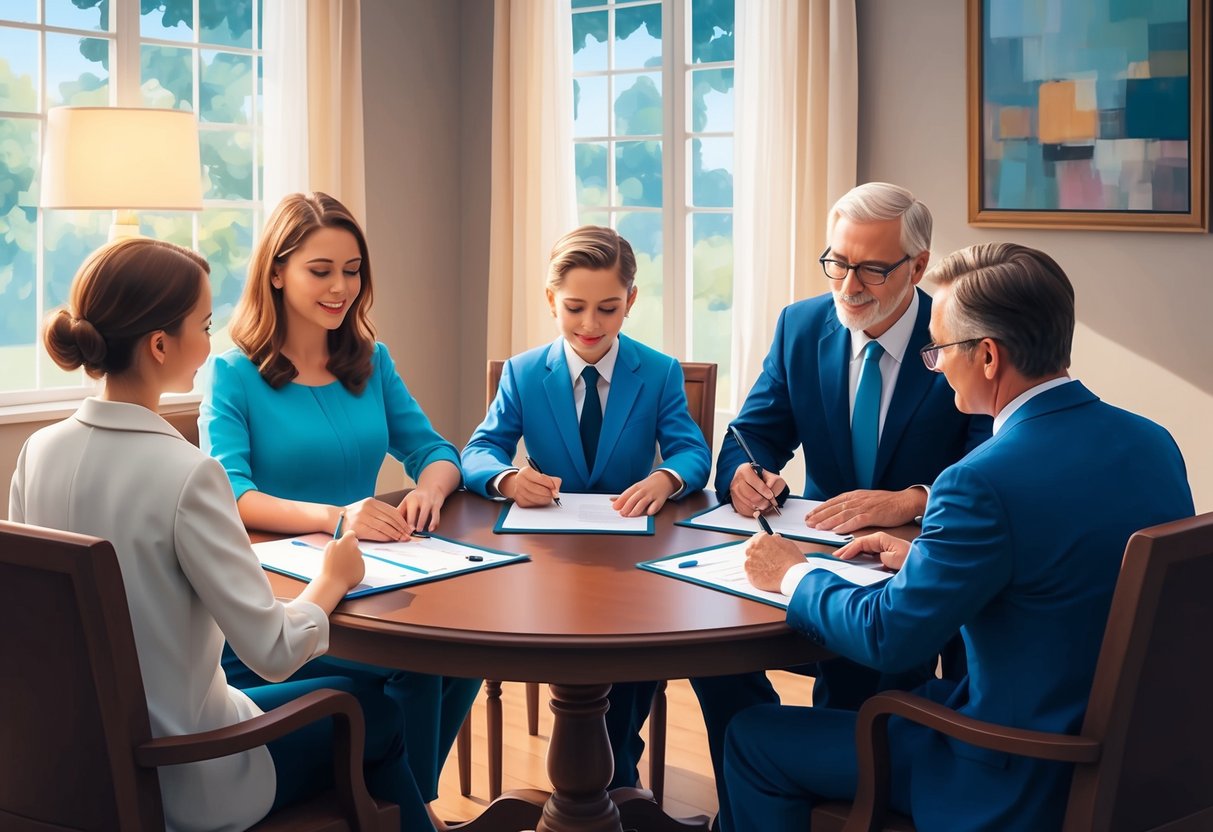 A peaceful family sitting around a table, signing legal documents with a lawyer present