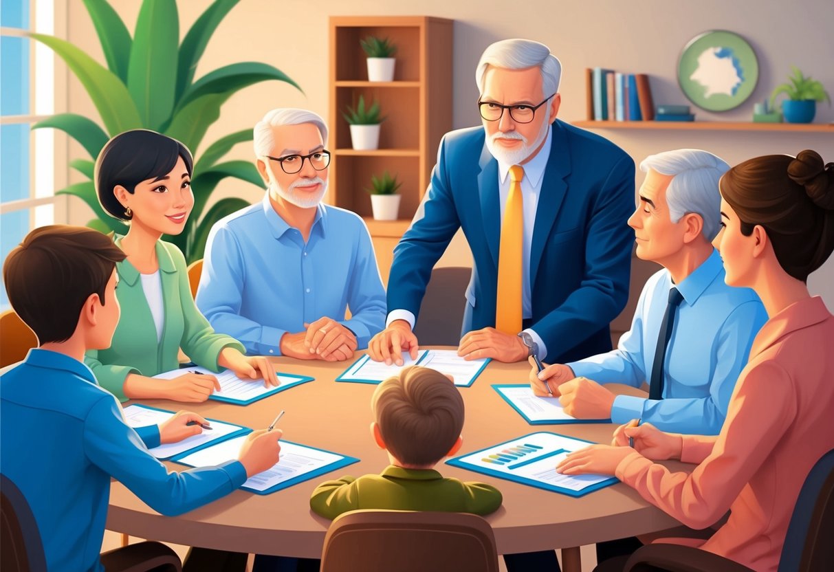A family gathered around a table, discussing estate planning. A person stands out as the leader, guiding the conversation with confidence and authority