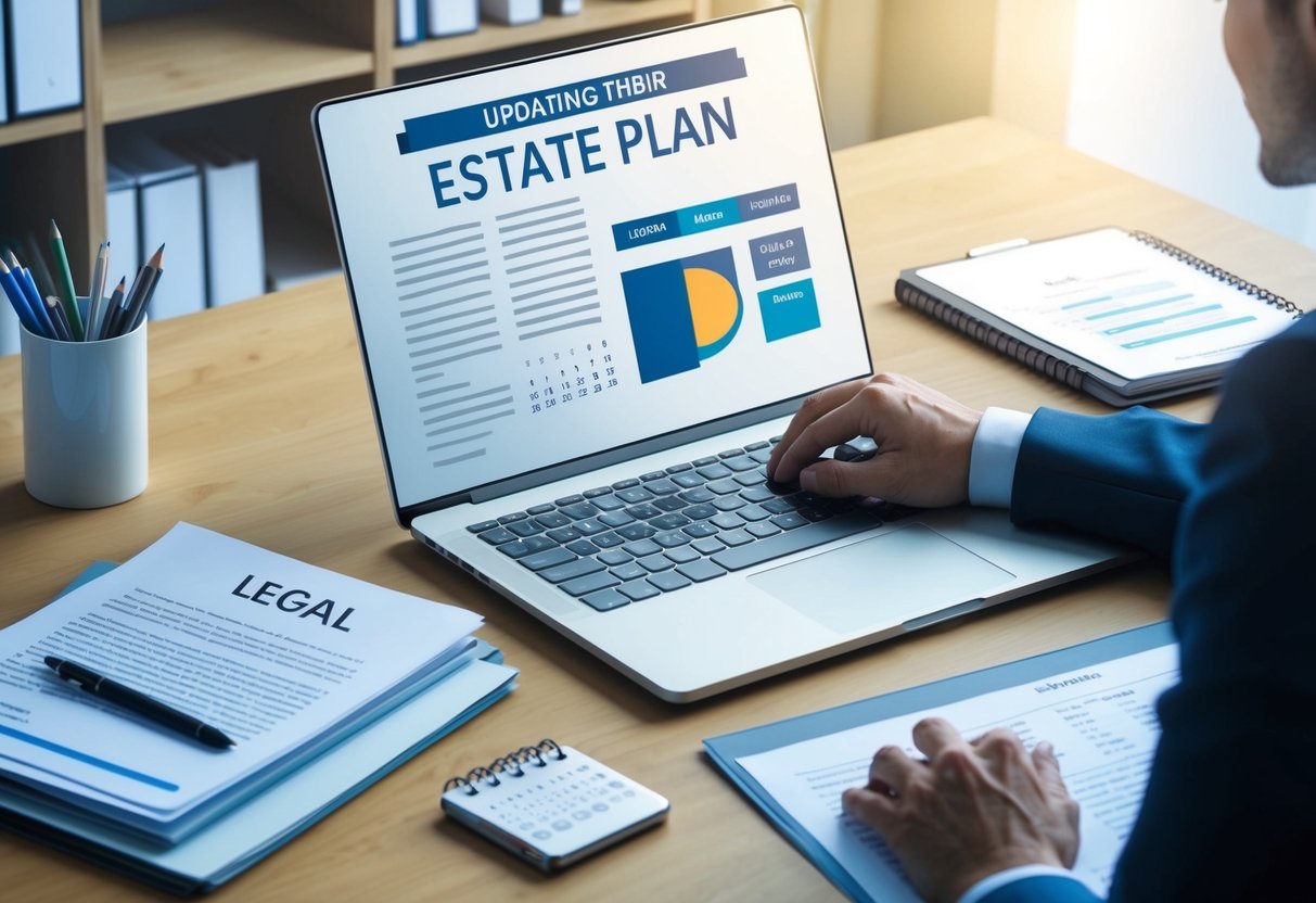 A desk with a laptop, legal documents, and a calendar. A person updating their estate plan after major life events