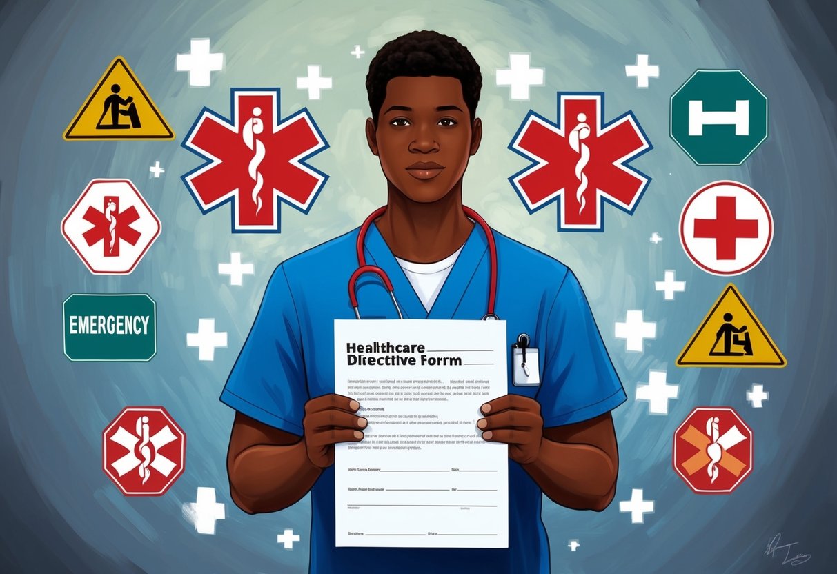A person holding a healthcare directive form while surrounded by emergency signs and symbols