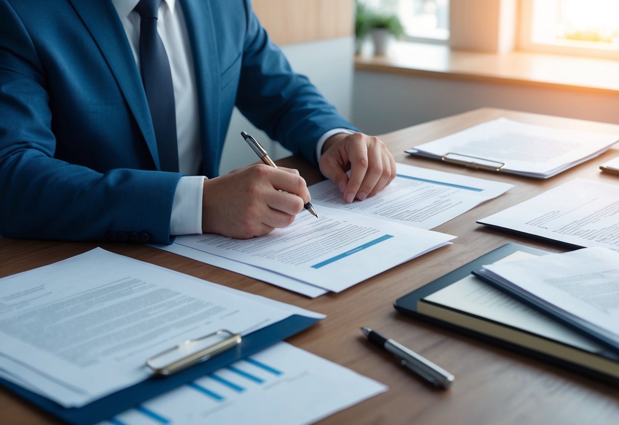 A person sitting at a desk, surrounded by legal documents, with a pen in hand. They are carefully considering options for choosing the right executor for their estate planning