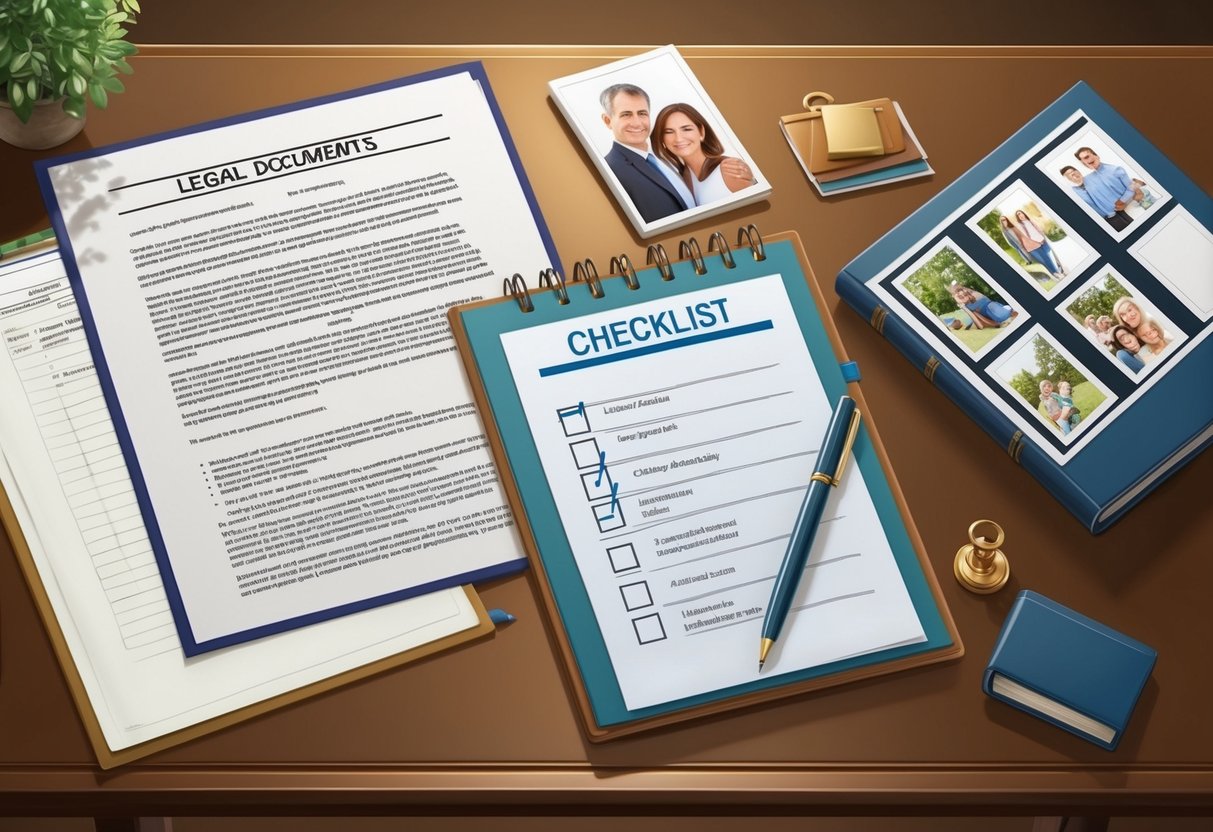 A desk with legal documents, a calendar showing important dates, and a family photo album. A checklist with nine steps and a pen