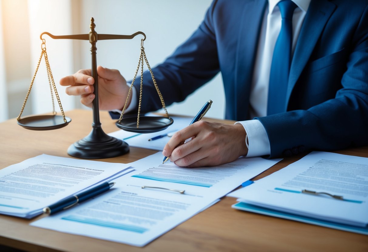 A desk with a pen, paper, and legal documents. A person considering options. A scale symbolizing assessment
