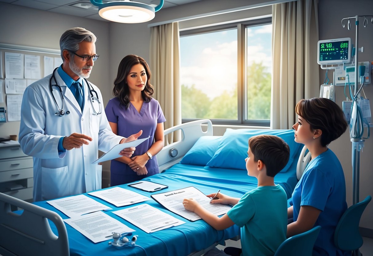 A doctor explaining healthcare directives to a family in a hospital room, with legal documents and medical equipment present
