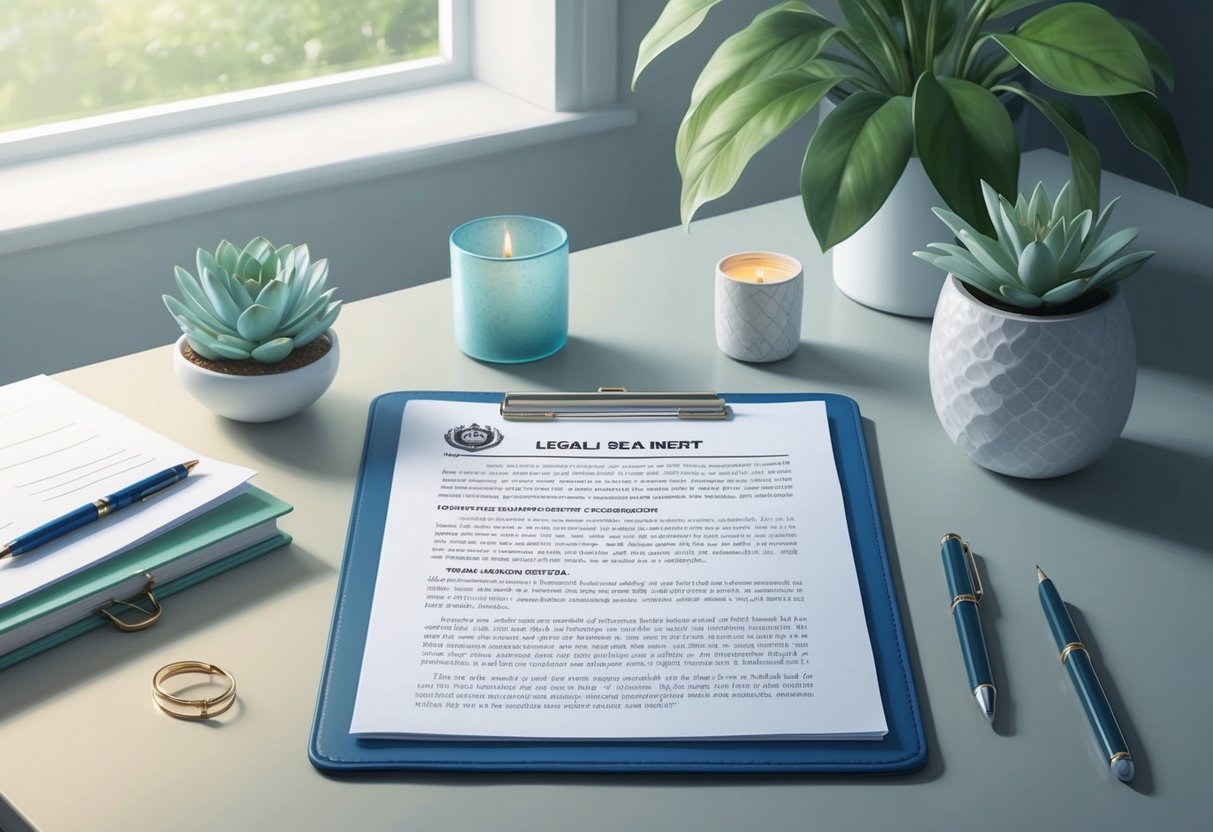 A serene, organized desk with a legal document, pen, and calming decor