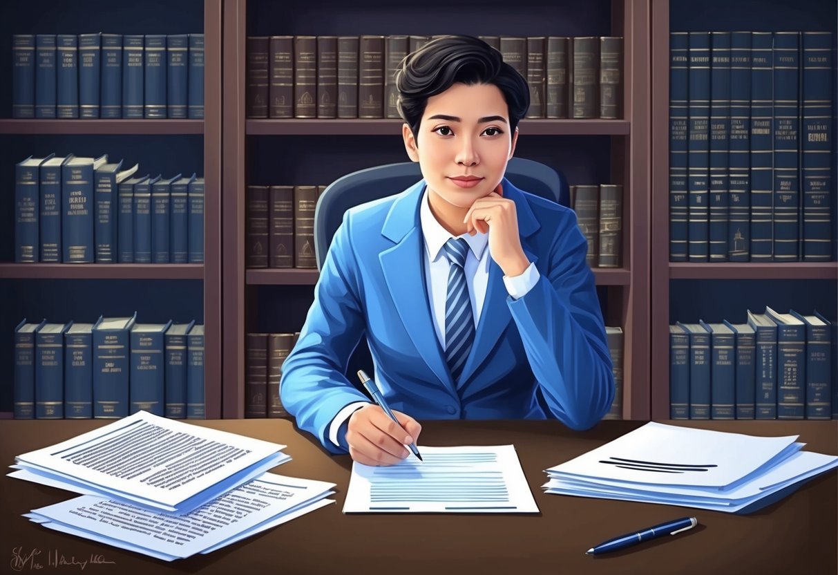 A person sitting at a desk with legal documents, a pen, and a thoughtful expression. A bookshelf filled with law books in the background