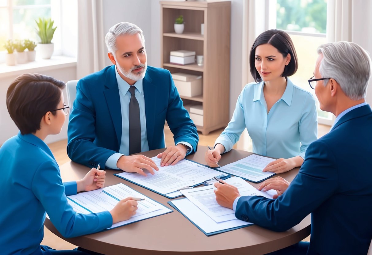 A family sitting around a table, discussing legal documents with a lawyer. The lawyer is explaining the importance of healthcare directives in estate planning
