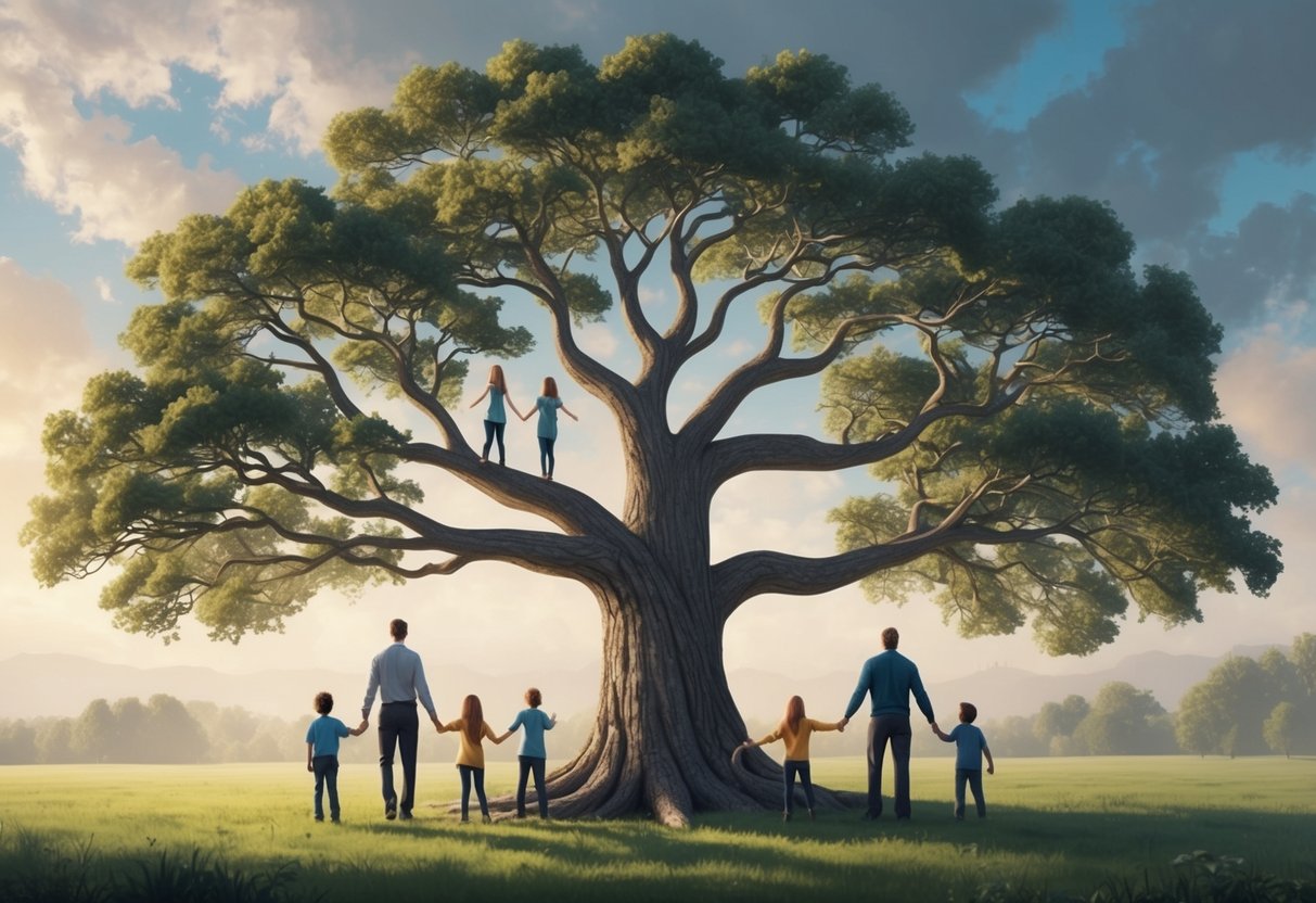 A large oak tree with six distinct branches, each representing a different family unit, intertwining and supporting one another