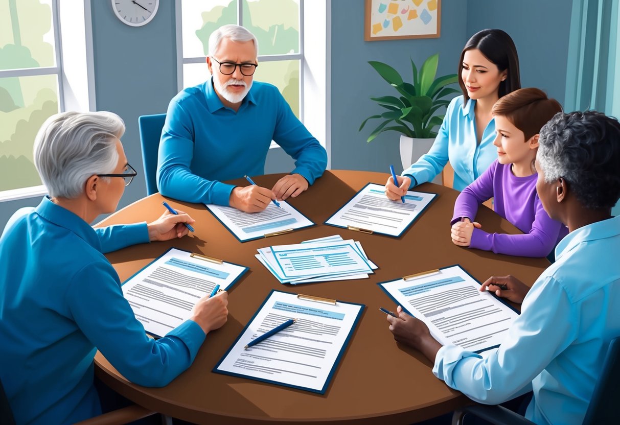 A family sitting around a table discussing healthcare directives with legal documents and a pen in the center