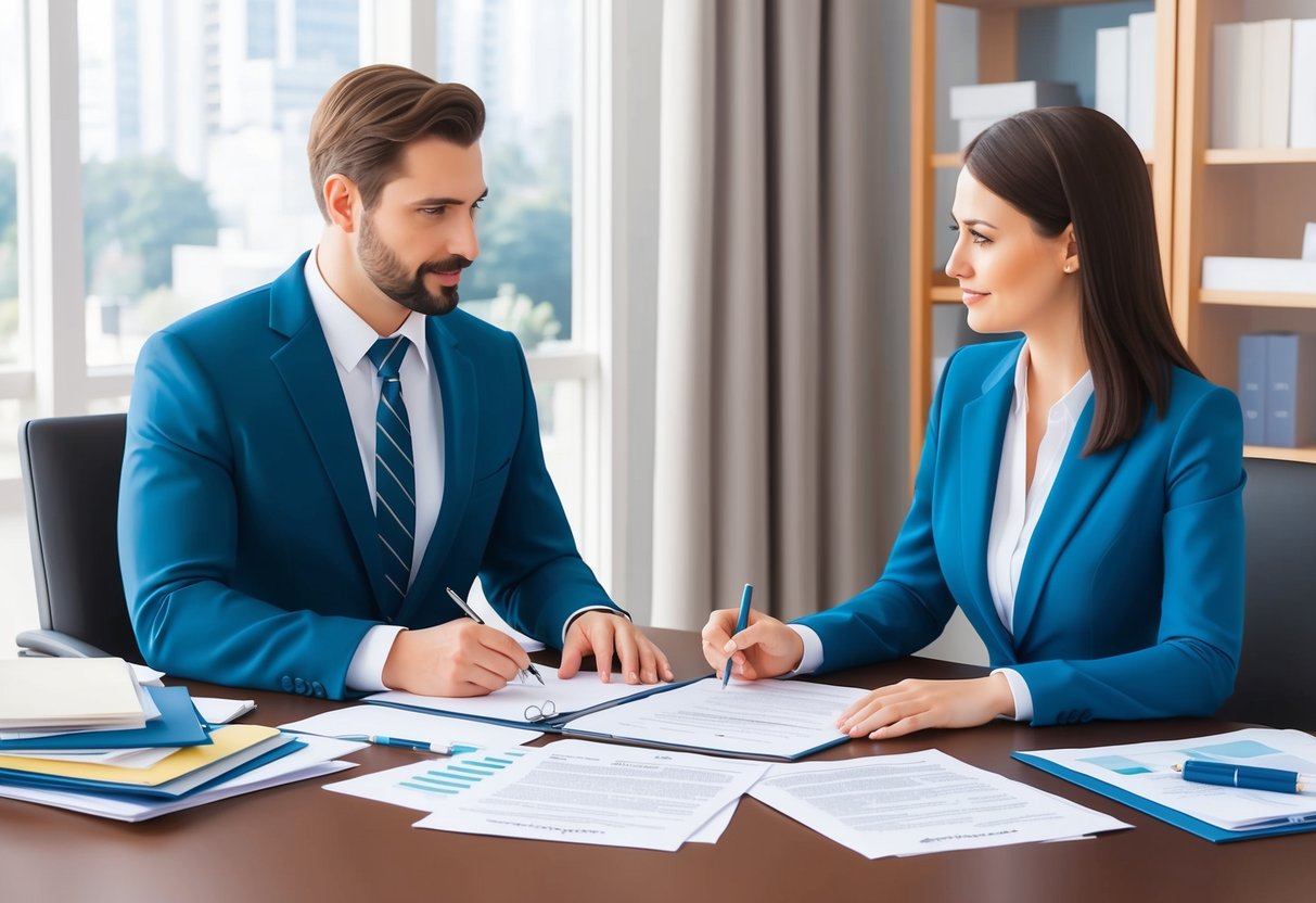 A family lawyer and a couple sit at a desk, discussing and drafting a prenuptial agreement. Documents and estate planning materials are spread out on the table