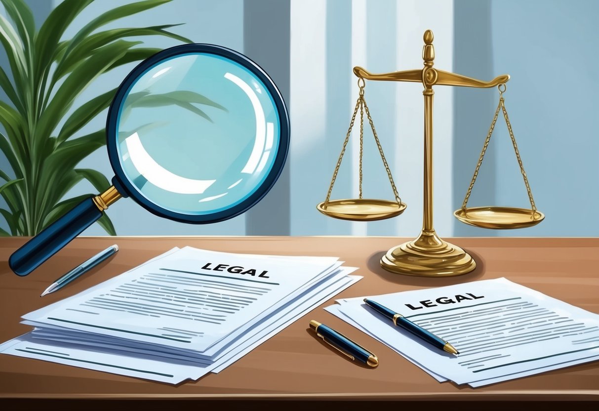 A desk with legal documents, a pen, and a scale symbolizing balance. A magnifying glass hovers over the documents, highlighting attention to detail