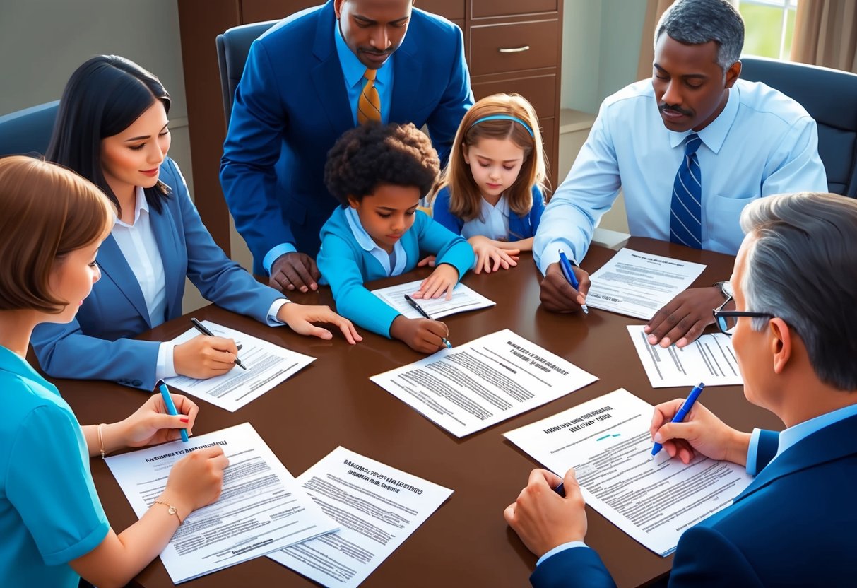 A family gathered around a lawyer's desk, signing healthcare directives. Documents and pens are spread out, with a serious yet hopeful atmosphere