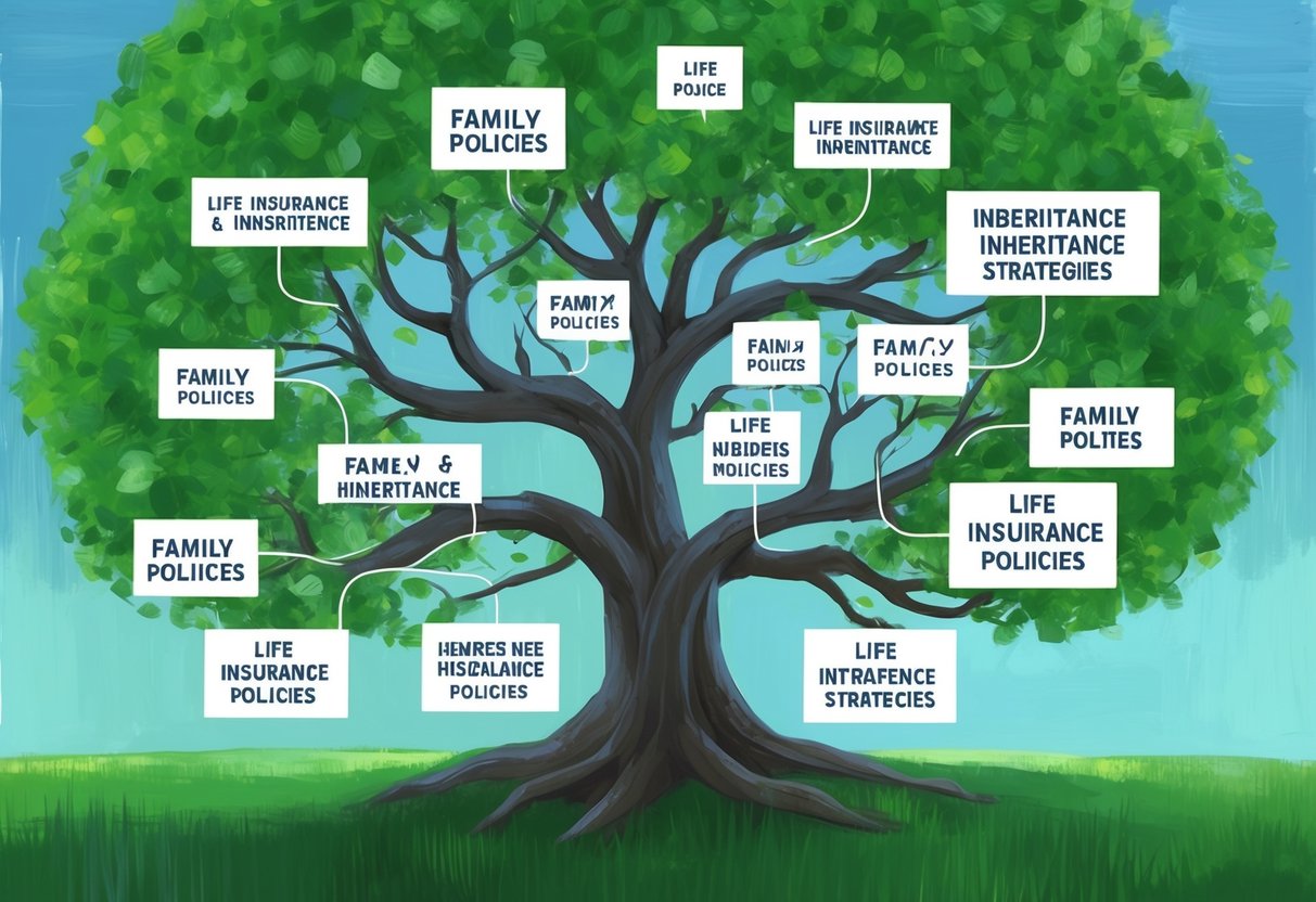 A family tree with branches intertwining, each labeled with different life insurance policies and inheritance strategies