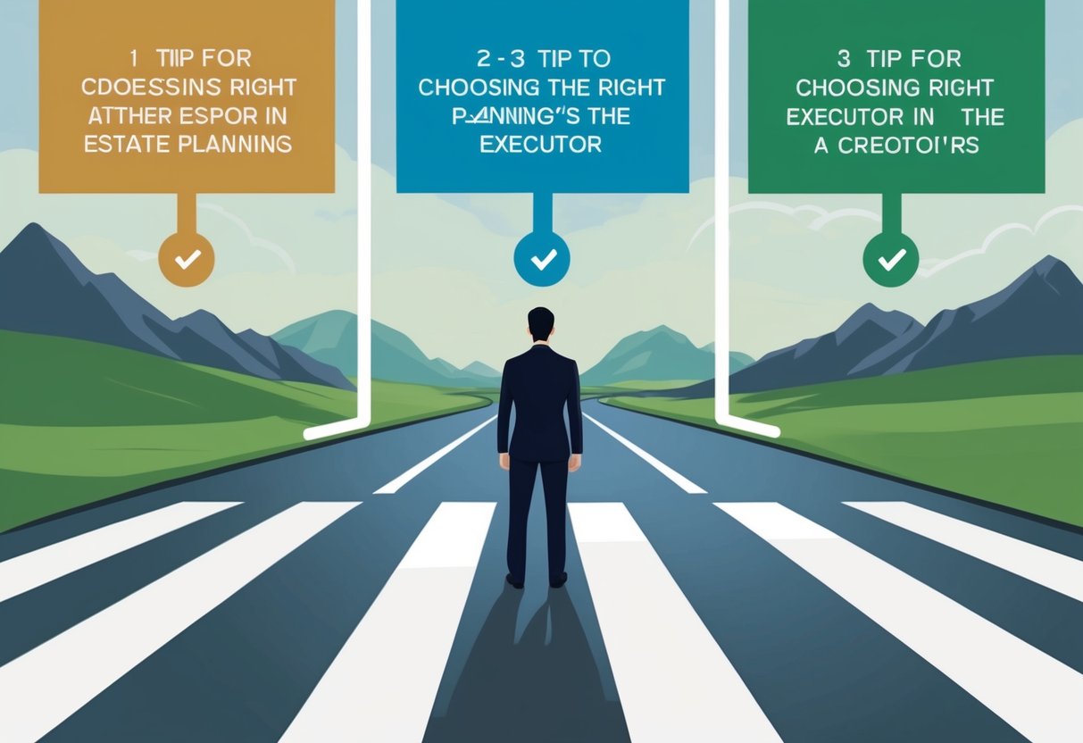 A person standing at a crossroads, with three different paths leading to different destinations, each representing a different tip for choosing the right executor in estate planning