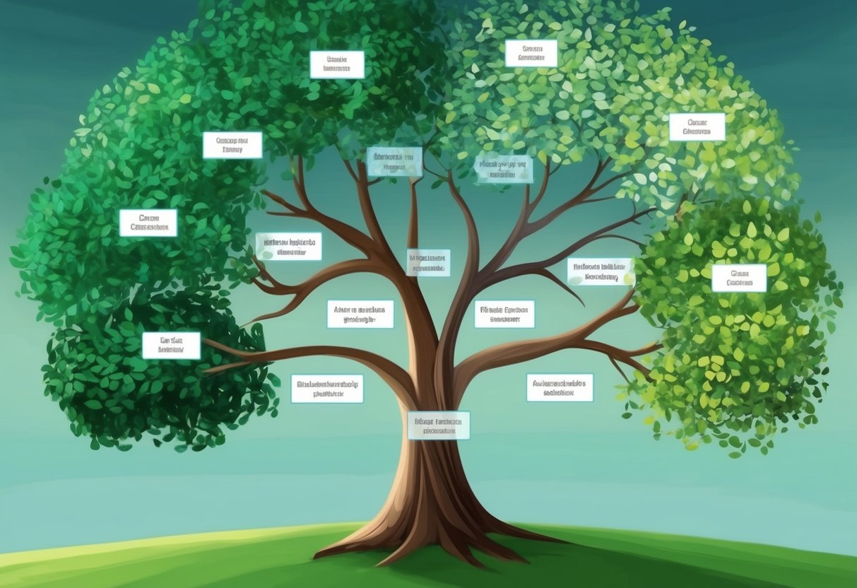 A family tree with multiple branches merging and diverging, representing the complexity of blended families. Clear labels indicate designated beneficiaries