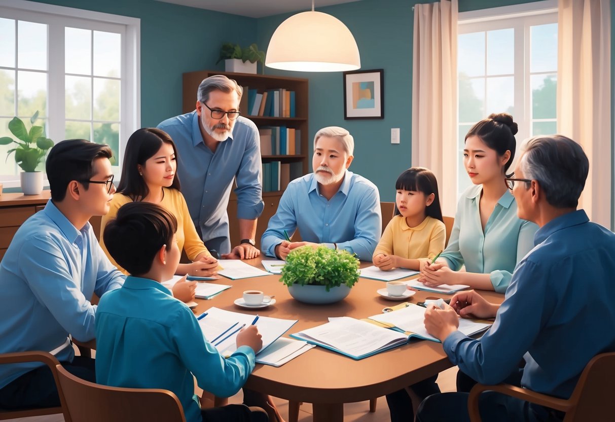 A family gathered around a table, discussing estate planning. A mix of emotions and body language convey the complexities of blending families