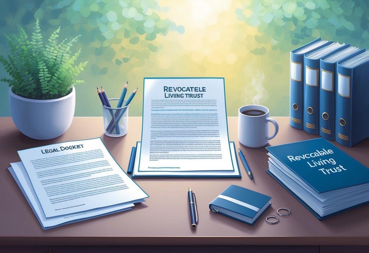 A serene and organized office desk with legal documents, a pen, and a revocable living trust booklet, surrounded by a peaceful and comforting atmosphere