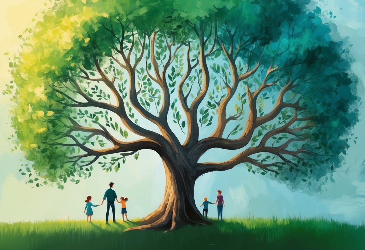 A family tree with multiple branches merging and intertwining, representing the complexities of blended families