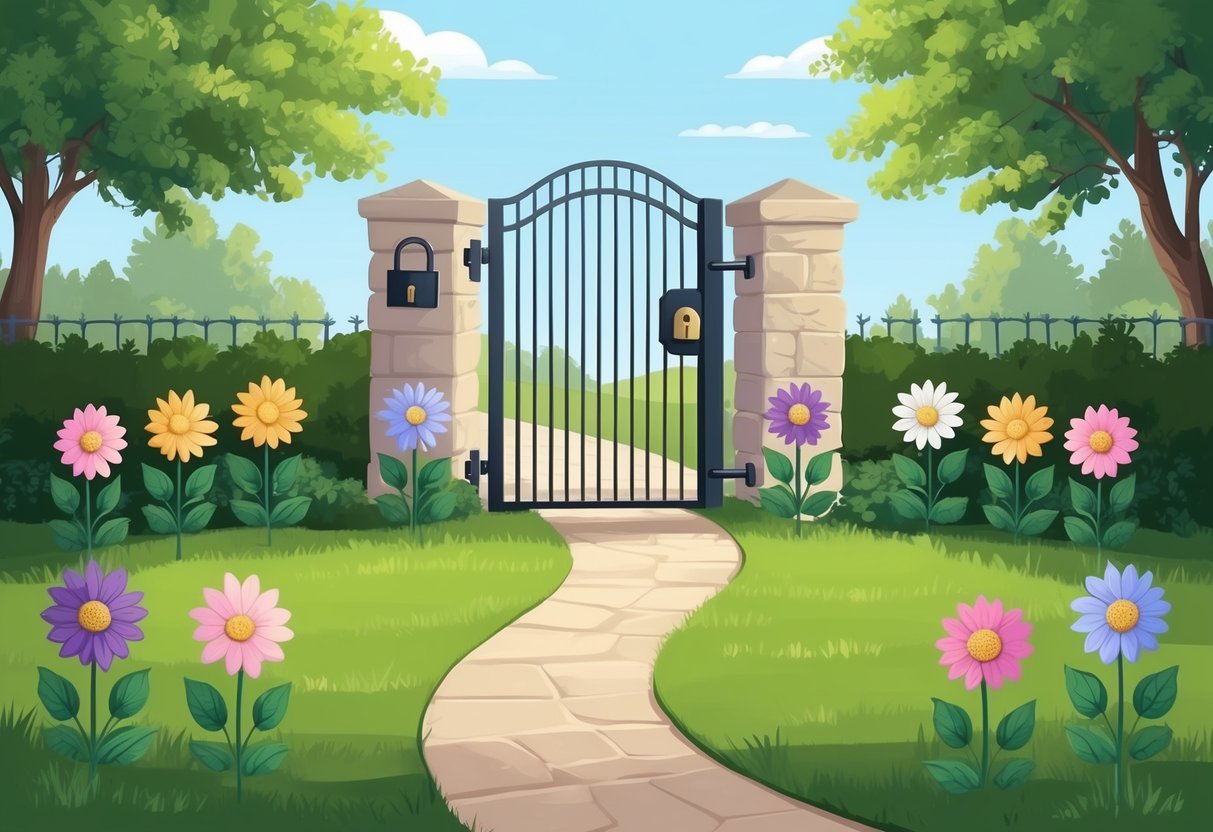 A peaceful, secluded garden with a winding path leading to a secure, locked gate, symbolizing privacy and protection. Surrounding the gate are seven blooming flowers, each representing a benefit of a revocable living trust