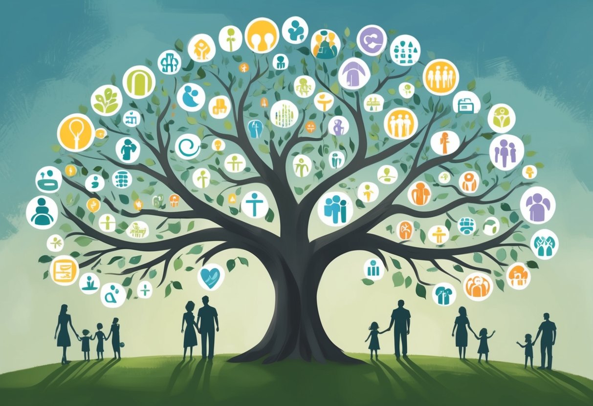 A family tree with multiple branches intertwining, representing the complexity of blended families. Different symbols and colors denote different family members and their relationships