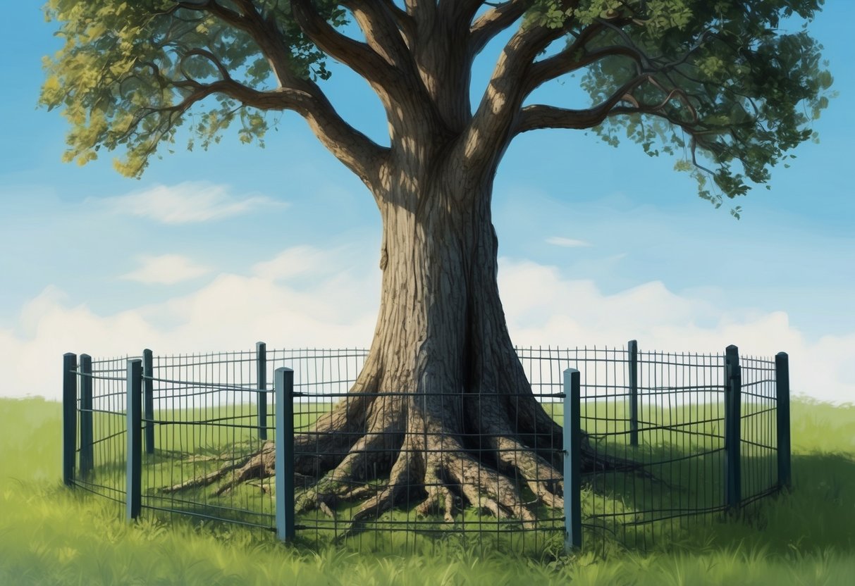 A sturdy oak tree with roots firmly planted in the ground, surrounded by a protective fence, symbolizing security and control over assets