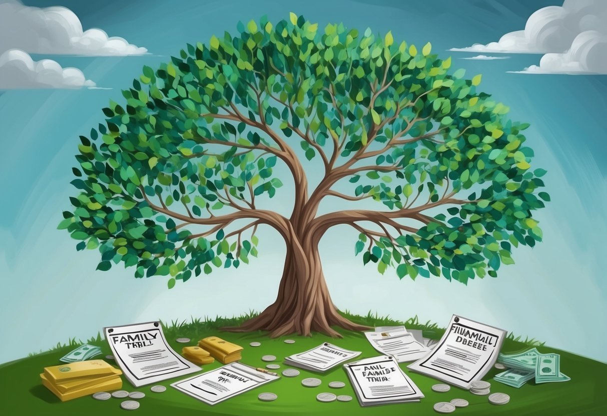 A family tree with multiple branches intertwining, representing the complexity of blended families. Various legal documents and financial assets are scattered around the base of the tree