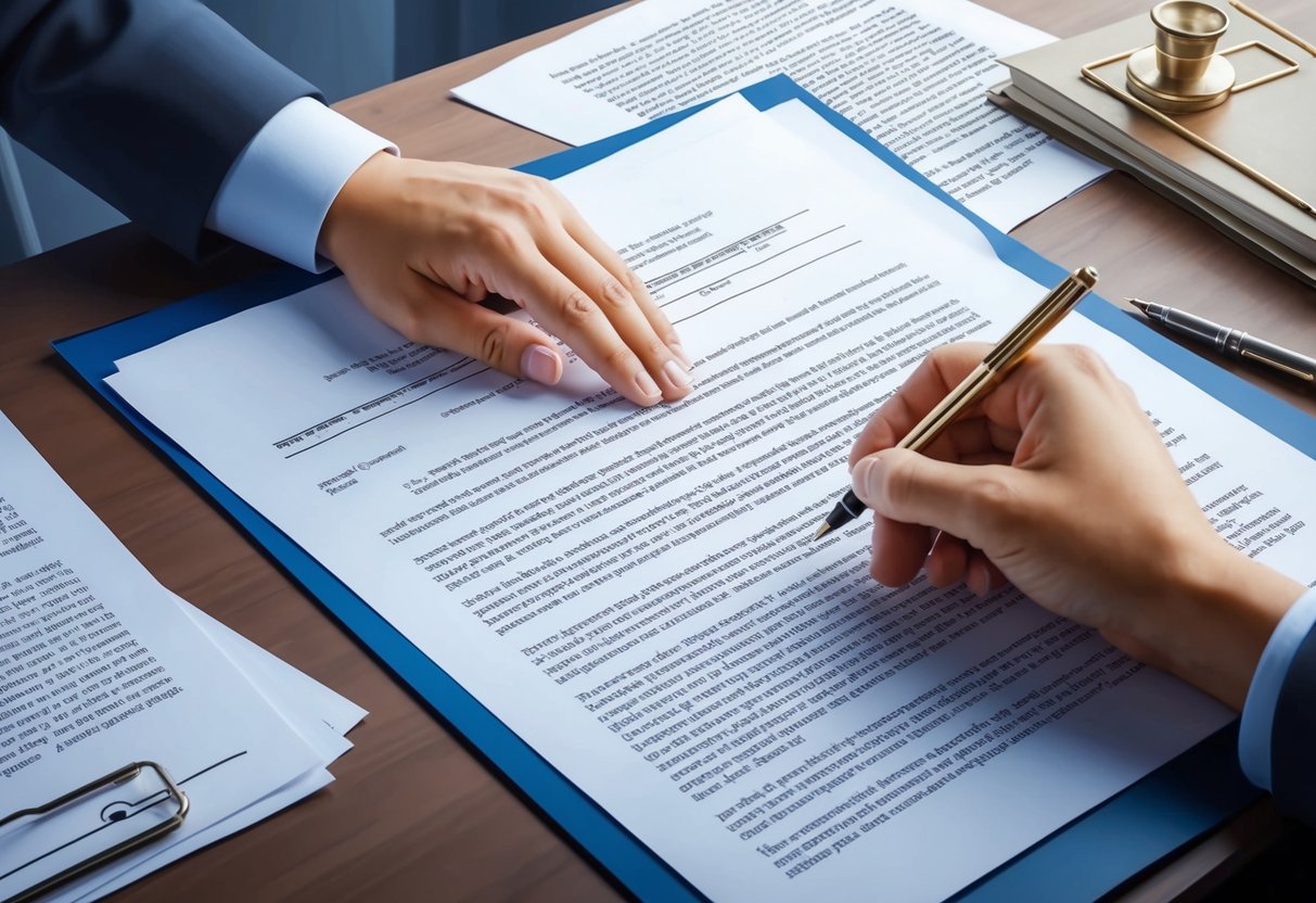 A hand reaching for a document with a pen poised to make changes, surrounded by legal papers and a trust agreement