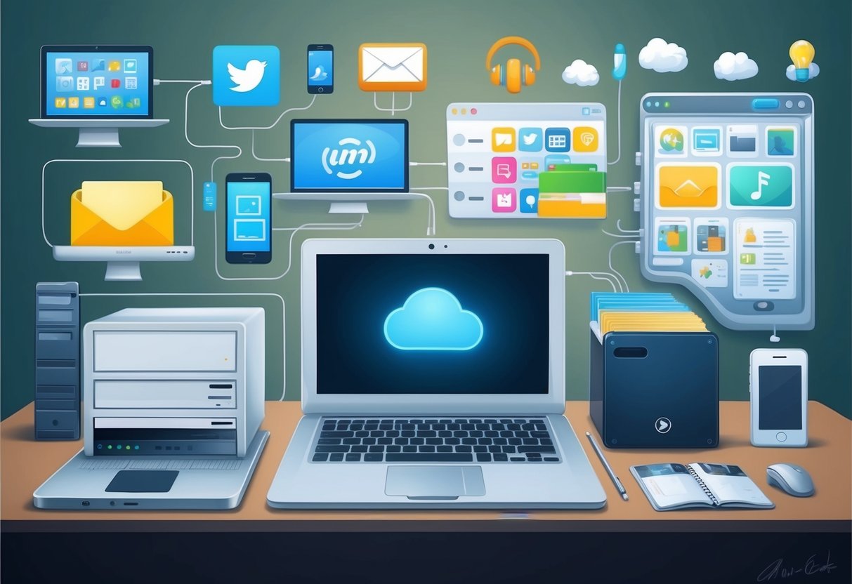 A digital inventory: a laptop, smartphone, external hard drive, cloud storage, social media accounts, email, online banking, digital photos, music, and documents