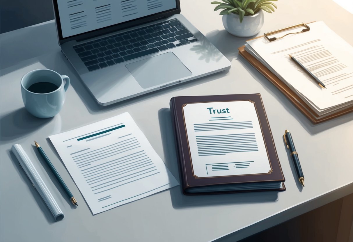 A serene and organized office desk with a laptop, paperwork, and a sleek leather-bound trust document. A sense of ease and control is portrayed through the orderly arrangement