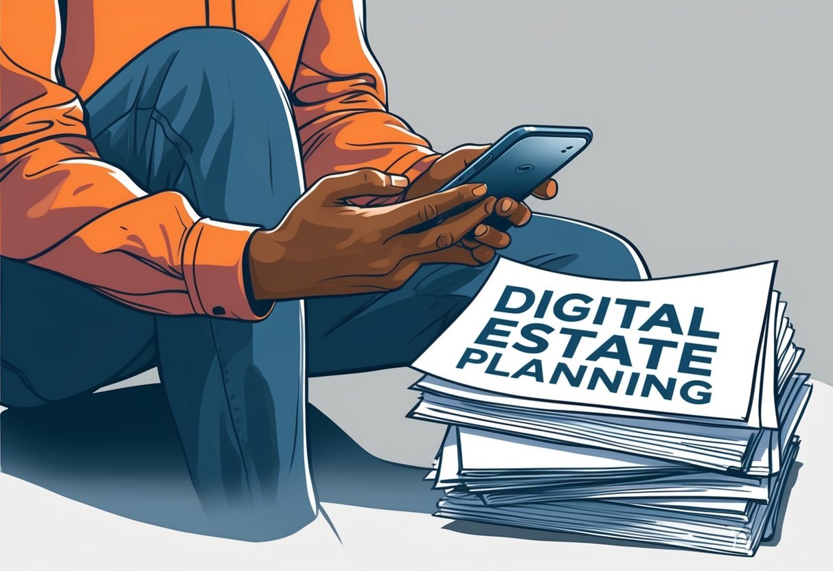A person using a smartphone to share digital access with trusted contacts. A stack of documents labeled "Digital Estate Planning" sits nearby