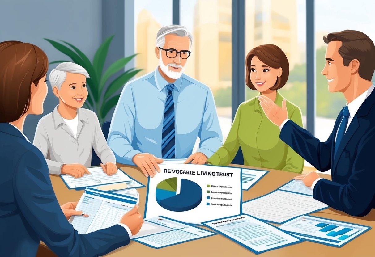 A family sits around a table, discussing financial documents and legal papers with a lawyer. The lawyer gestures toward a chart showing the benefits of a revocable living trust