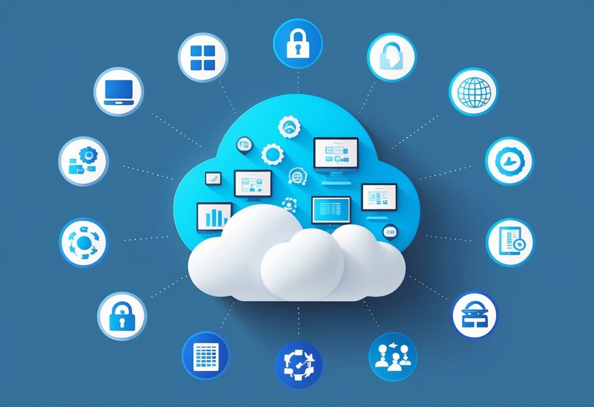 A cloud with various digital assets floating inside, surrounded by ten important symbols representing digital estate planning