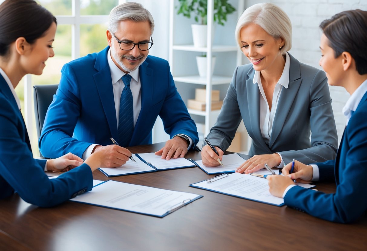 A family sits around a table with their lawyer, signing documents and discussing the benefits of a revocable living trust