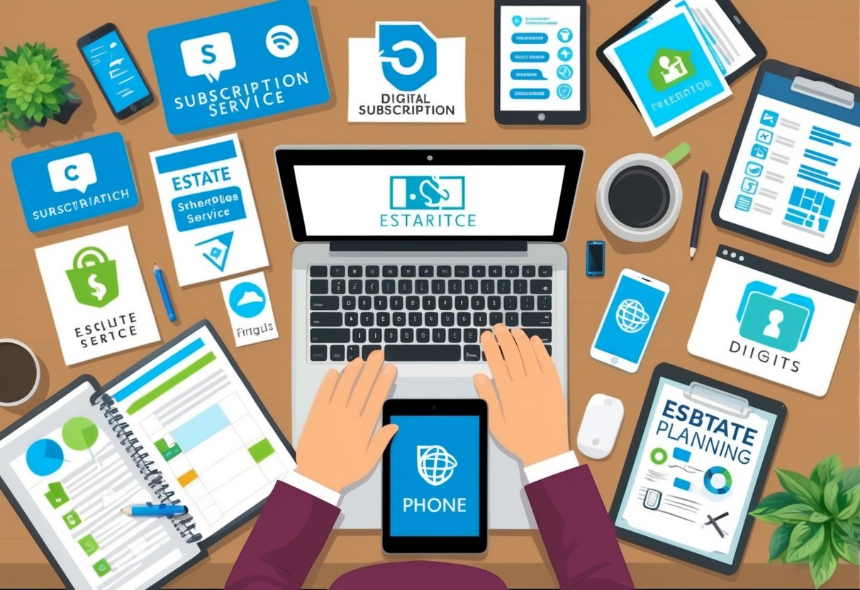 A cluttered desk with a laptop, tablet, and phone surrounded by various subscription service logos and digital estate planning documents