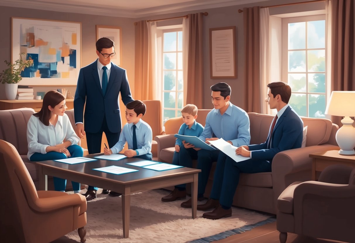 A cozy living room with a family sitting around a table, discussing legal documents with a lawyer. The room is filled with warmth and comfort, creating a sense of security and peace