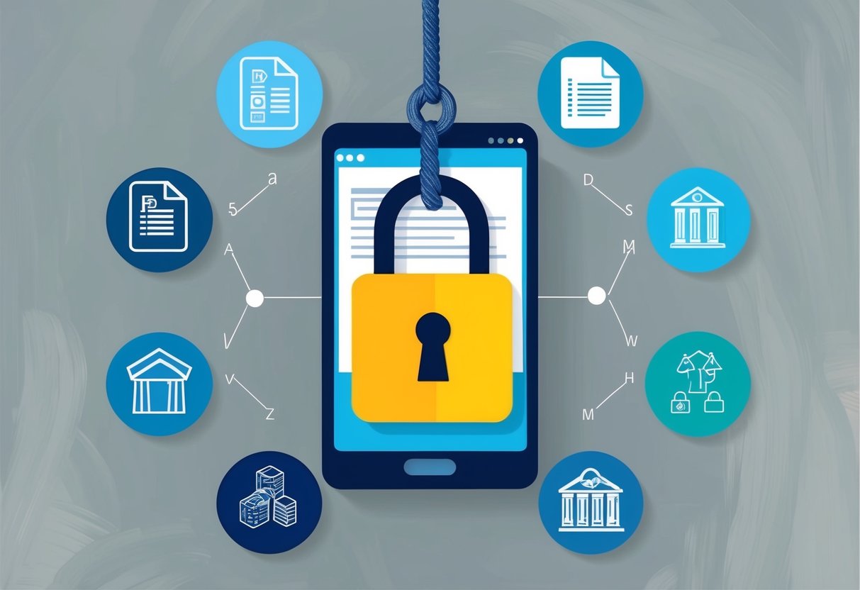 A padlock hanging from a digital device with a document icon, surrounded by ten different symbols representing digital estate planning concepts