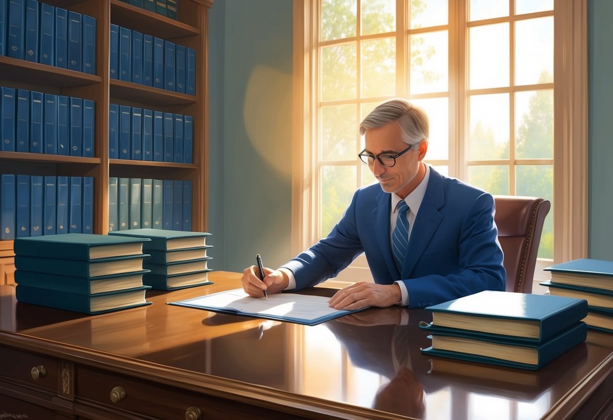 A trustee signing legal documents in a serene office setting, surrounded by shelves of thick binders and a large, polished desk. Sunlight streams through the window, casting a warm glow over the scene