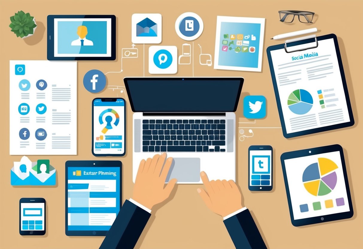 A desk with a laptop, smartphone, and tablet, surrounded by social media icons and digital estate planning documents