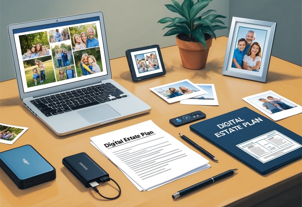A desk with a laptop, external hard drive, and printed photos scattered around. A digital photo frame displays family pictures. A document labeled "Digital Estate Plan" sits on the desk