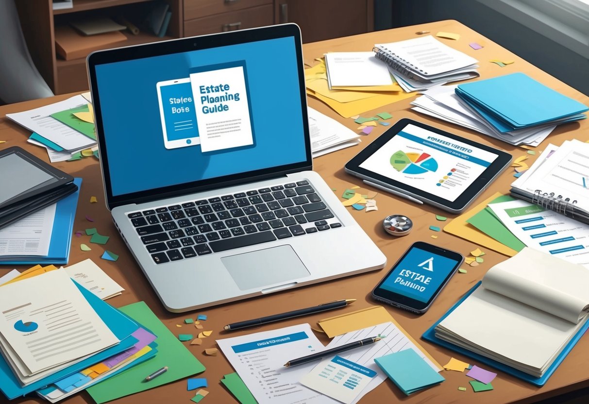 A cluttered desk with a laptop, tablet, and smartphone surrounded by scattered papers and folders. A digital estate planning guide is open on the screen