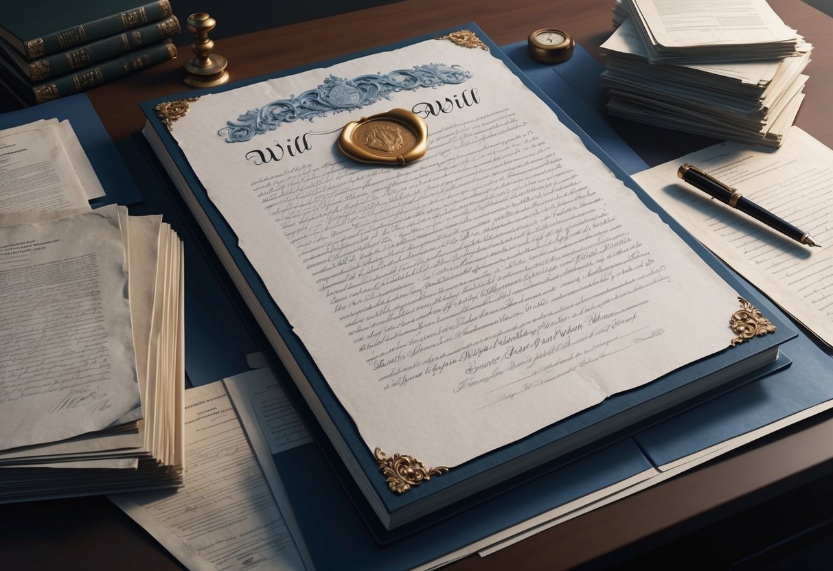A large, ornate will with a wax seal sits on a desk, surrounded by stacks of legal documents and a vintage ink pen