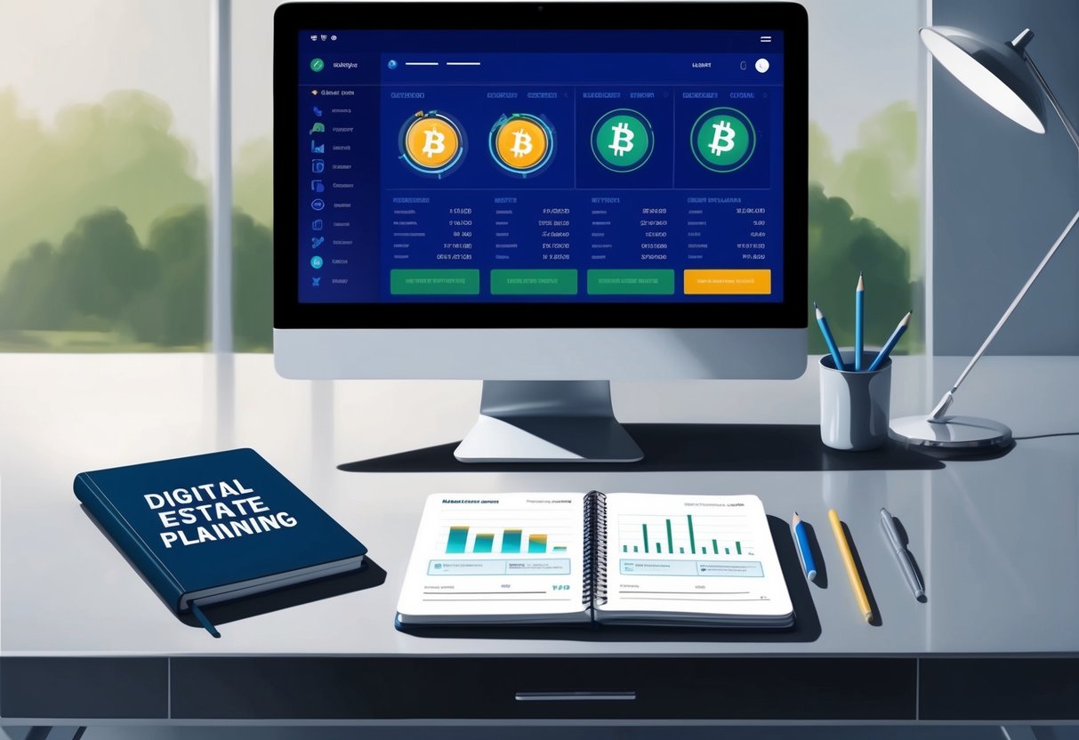 A sleek, modern desk with a computer displaying cryptocurrency holdings. A notebook with "Digital Estate Planning" written on the cover sits nearby